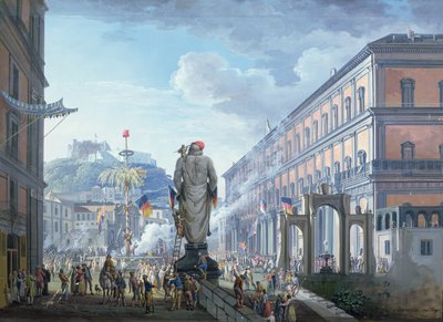 Het Palazzo Reale, op het moment dat de Vrijheidsboom werd omgehakt en de troepen massaal werden geleid door de Engelsen in 1799, 1800 door Saviero Xavier della Gatta