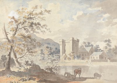 Kasteel Onder Bergen met Paarden bij een Rivier door Sawrey Gilpin