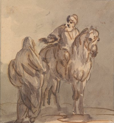 Twee Mensen: Eén Staand, Eén Zittend op een Paard door Sawrey Gilpin