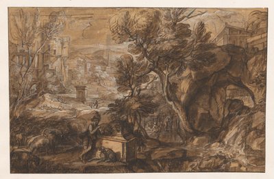 Landschap met herder bij antieke sarcofaag door Sébastien Bourdon (attributed to)