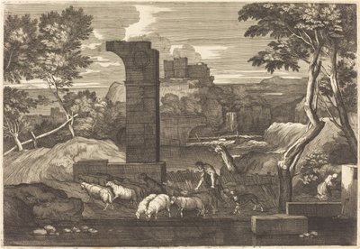 Landschap met boer en zijn kudde door Sébastien Bourdon