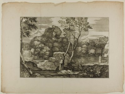 Landschap met een dode man en twee priesters door Sébastien Bourdon