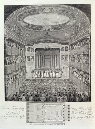 Interieur van het nieuwe Theatre Royal, Haymarket, zoals het verscheen op de avond van de opening, 4 juli 1821, gegraveerd door James Stow, 1823 door Schebbellie