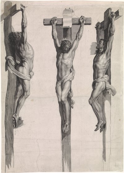 Christus aan het kruis tussen de twee gekruisigde misdadigers door Schelte Adamsz. Bolswert