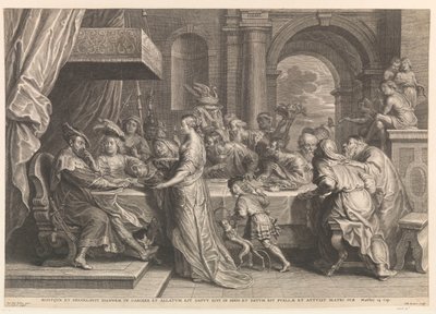Salomé toont het hoofd van Johannes de Doper aan Herodes door Schelte Adamsz. Bolswert