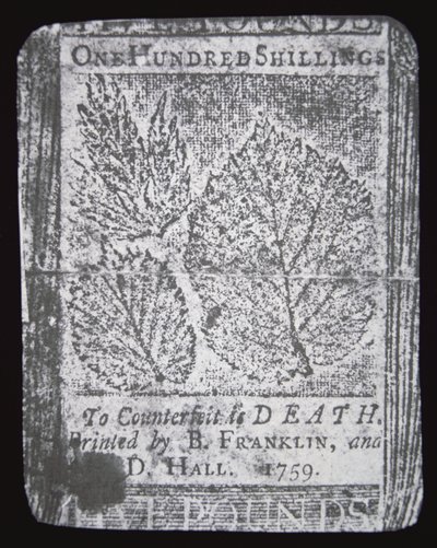 Een 100 shilling biljet ontworpen en gedrukt door Benjamin Franklin in 1759 door School American