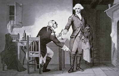 Amerikaanse verrader: Generaal Benedict Arnold geeft Andre opdracht om papieren in zijn laars te verstoppen door School American