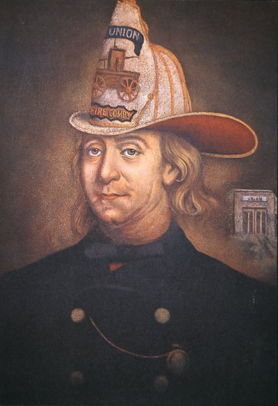 Benjamin Franklin in het uniform van de Union Fire Company die hij in 1736 in Philadelphia oprichtte door School American