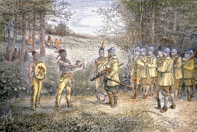 Kapitein Miles Standish handelt met Wampanoag Indianen in 1621 door School American