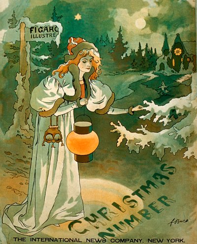 Kerstposter met een vrouw die een lantaarn vasthoudt voor een met sneeuw bedekt huisje (lithografie) door School American