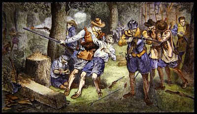 Het verdedigen van de nederzetting tegen een Indiaanse aanval in de kolonie Jamestown, Virginia in 1607 door School American