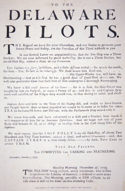 Facsimile van de proclamatie van de patriotten van Philadelphia aan de Delaware Pilots waarin ze worden gewaarschuwd niet met het Britse theeschip om te gaan, 7 december 1773 door School American