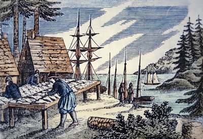 Vissers die kabeljauw drogen in New England, uit een 17e-eeuwse houtsnede door School American