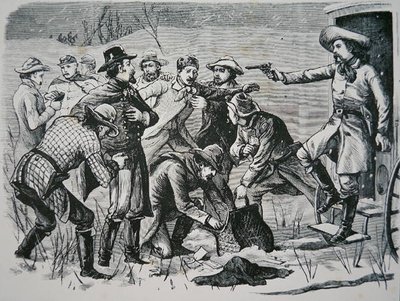 Vier bandieten overmeesteren en plunderen twee officieren en zeven soldaten nabij Bismarck, Dakota Territory, uit de 