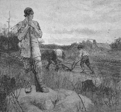 Een boerderij verdedigen tegen een Indiase aanval, naar een illustratie van Howard Pyle door School American