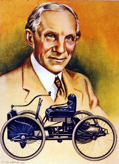 Henry Ford en zijn eerste auto uit 1896 door School American