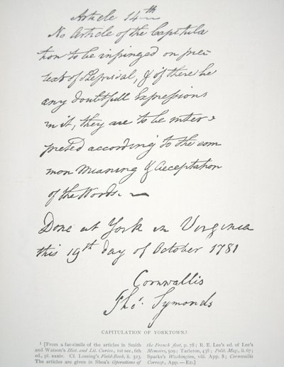 Capitulatiebrief van Yorktown, ondertekend door Lord Cornwallis door School American