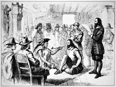 Massasoit, hoofd van de Wampanoag, biedt de vredespijp aan John Carver in 1621 door School American