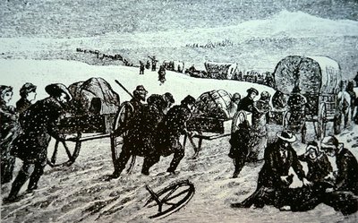 Mormoonse wagenkaravaan in een sneeuwstorm op weg naar Salt Lake City, Utah door School American