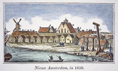 Nieuw-Amsterdam (later New York) op Manhattan Island, uit een uitzicht gepubliceerd in 1659 door School American