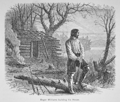 Roger Williams bouwt een hut aan de Seekonk-rivier door School American