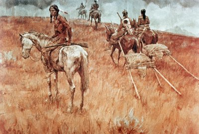 Sioux Indianen onderweg door School American