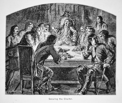 Sir Edmund Andros eist de overgave van het Handvest van Connecticut in 1687 om het Dominion van New England te vestigen door School American