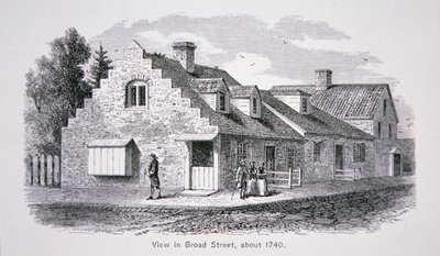 Uitzicht op Broad Street, New York City ca. 1740 door School American