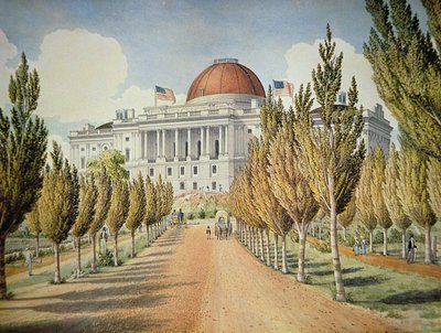 Uitzicht op het Capitool (kleur litho) door School American