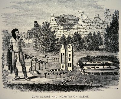 Zuni-stamlid blaast stuifmeel over een Pueblo-heiligdom (gravure) door School American