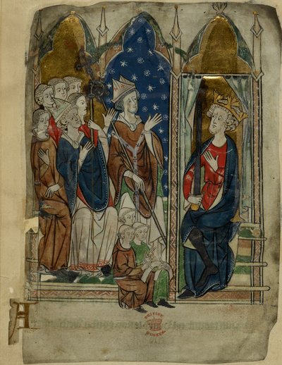 Cotton Vitellius A. XIII f.6v Koning Edward I zittend met zijn hof en klerken, uit 