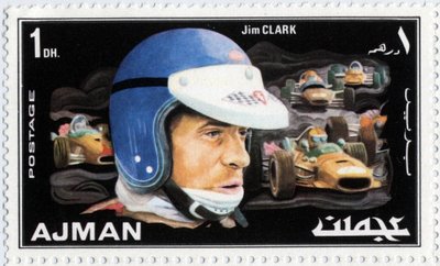 VAE postzegel met Schotse autocoureur Jim Clark (1936-1968) door School Arabic