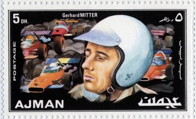VAE postzegel met autocoureur Gerhard Mitter (1935-1969) door School Arabic