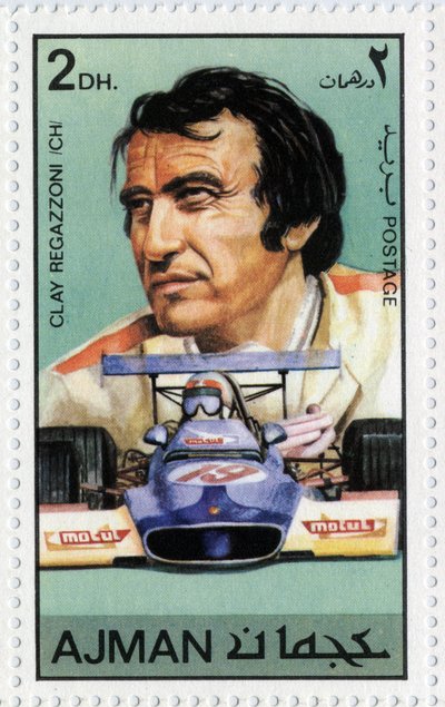 VAE postzegel met Zwitserse autocoureur Clay Regazzoni (geb. 1939) door School Arabic