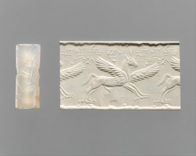 Cilinderzegel en moderne indruk: gevleugeld paard met klauwen en hoorns, ca. 14e-13e eeuw v.Chr. (chalcedoon) door School Assyrian