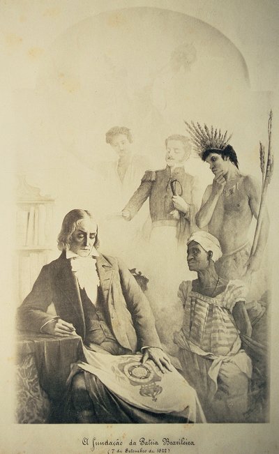 Stichter van het Braziliaanse Land, 7 september 1822 - Een Allegorie die de drie rassen vertegenwoordigt: de Afrikaanse slaaf, de Portugees en de inheemse Indiaan met Jose Bonifacio (1763-1838) en Pedro I (1793-1834) door School Brazilian