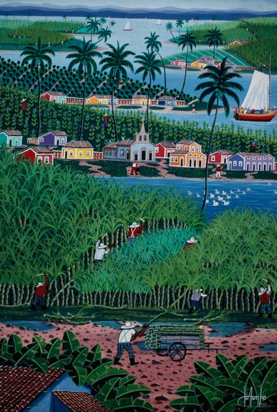 Naïeve kunst schilderij met bamboeoogst, Bahia, Brazilië door School Brazilian