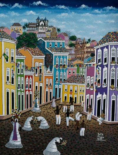Naïeve kunst schilderij met straattafereel, Bahia State, Brazilië door School Brazilian