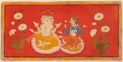 Brahma zittend met Saraswati, Brahma houdend de Vier Veda