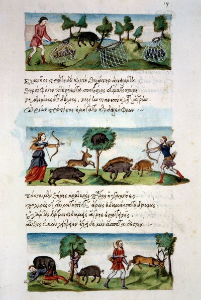 Byzantijnse kunst: wilde zwijnenjacht. Verschillende jachttechnieken. Boven: vangst van bieten in netten. In het midden jacht op wild met een boog. Onder: jagers aangevallen door dieren. Miniatuur in De venatione folio 19, door Oppian van Syrië door School Byzantine