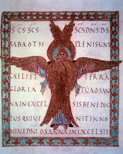 Voorstelling van een miniatuur serafijn uit het Karolingische manuscript 