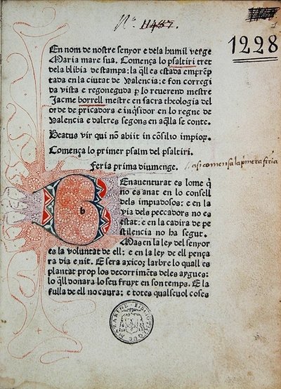 Psalter van Boniface Ferrer, gecorrigeerd door Jaime Borrell, gedrukt door Nicolaus Spindeler in Barcelona in 1480 door School Catalan