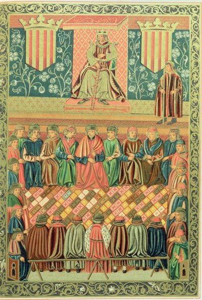 Koning Jacobus I de Veroveraar zit de Cortes van Lleida voor in maart 1242, uit een manuscript van de 