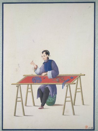 Een vrouw aan het borduren, c.1800 door School Chinese