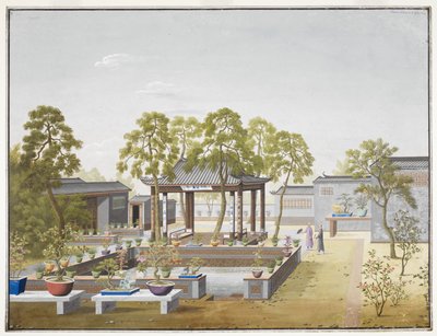 Tekening van de tuin van een Chinese koopman door School Chinese