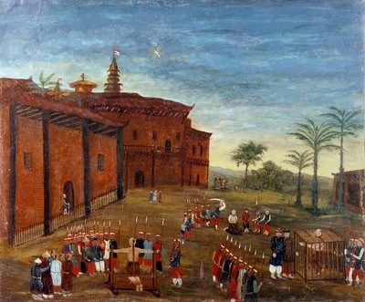 Chinese kunst: scènes van marteling en executies van gevangenen. 19e-eeuwse schilderij door School Chinese
