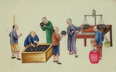 Chinese handelaren testen en wegen opium, uit 