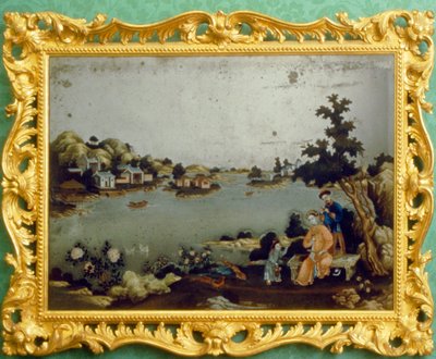 Chinese spiegel schilderij van landschap, muziek en vers door School Chinese