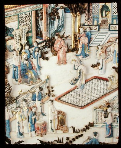 Detail van een paneel dat een hoogwaardigheidsbekleder toont die naar een vrouwelijke danseres kijkt, Qianlong periode door School Chinese