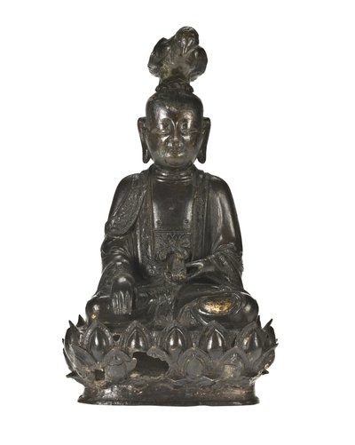 Beeld van Guanyin, de Chinese godin van genade, zittend op een lotusontwerp met een raaf op haar hoofd en een konijn in haar linkerhand door School Chinese